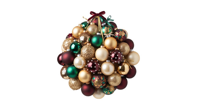 A Festive Christmas Ornament Sphere with Burgundy Gold and Green Baubles Tied with a Velvet Ribbon