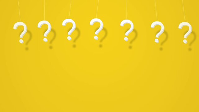 Minimalist question mark hanging symbols on bright yellow background, 3D animated FAQ query concept, creative decision making background banner