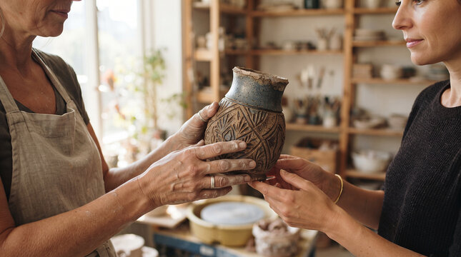 Artisanal Handover: An experienced artisan carefully passes a handcrafted ceramic vase to a customer, surrounded by the rustic charm of a pottery studio.