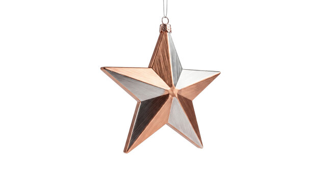 A metallic star ornament with alternating copper and silver facets hangs against a white background