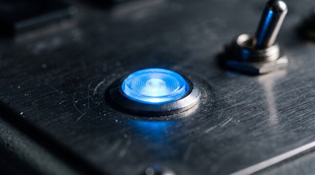 Close-up view of a glowing blue illuminated power button on a brushed metal industrial control panel