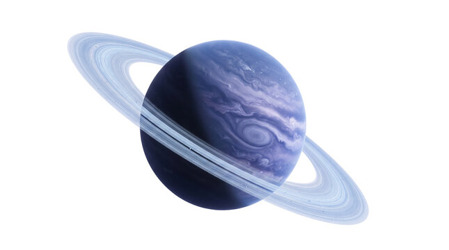 A stunning blue gas giant planet with prominent rings, isolated on a white background, showcasing swirling atmospheric patterns