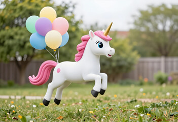Obraz premium Childhood imagination and fantasy, toy unicorn floating with colorful balloons in a garden for birthday celebration and magical party decoration
