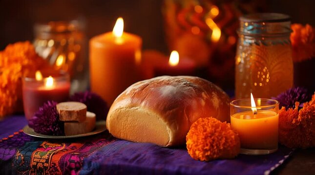 Cinematic Halloween still life with glowing candles, rustic bread and autumn decorations as flames flicker and warm light dances across a festive table.