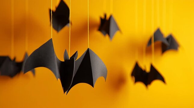 Animated black bat silhouettes flap their wings and fly across a glowing orange Halloween background, creating a spooky seasonal backdrop for holiday promotions.