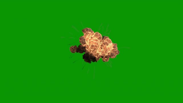 Ground explosion and demolition with multiple blasts, as seen from a bomber above/overhead, green screen for transparent background, 24p