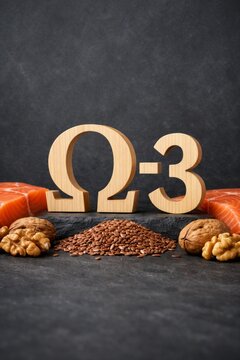 Omega three healthy food concept with salmon walnuts and flax seeds for nutrition poster banner and health design