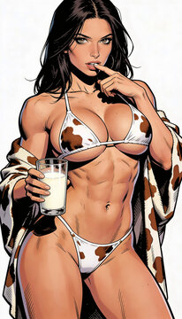 Stylized comic‑style illustration of a person in a cow‑pattern bikini holding a glass of milk, highlighted by bold shading and warm gradient tones for a playful visual impact