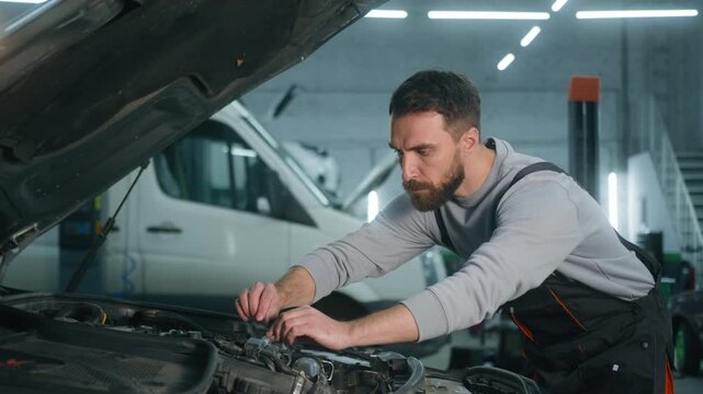 Caucasian man mechanic inspecting car engine under open hood in garage male auto technician checking vehicle condition diagnostic repair specialist automotive service check automobile review workshop