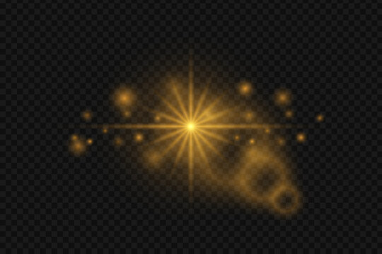 Golden sparkle light burst effect with glowing stars particles, lens flare overlay design, vector illustration