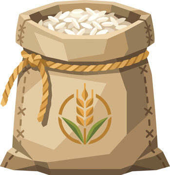 Agricultural Rice and Flour Burlap Sack Flat Vector Illustration, Detailed Natural Canvas Grain Bag with Rice Stalk Symbol Icon