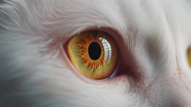 Extreme macro photorealistic footage of a cute Angora cat's eye, warm golden-amber iris