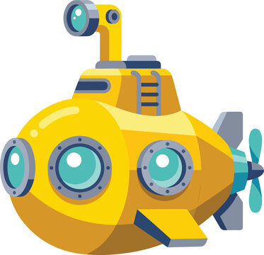 Cute Yellow Submarine Character Flat Vector Illustration, Detailed Underwater Explorer Submersible Mascot Icon Isolated