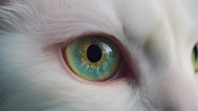 Extreme macro photorealistic footage of a cute Angora cat's eye, luminous emerald green iris