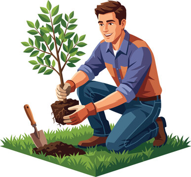 Young Man Planting Green Tree Sapling Flat Vector Illustration, Detailed Boy Kneeling in Soil Gardening Icon Isolated