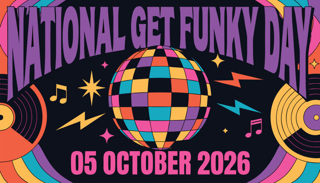 National get funky day poster featuring vibrant disco ball graphic art