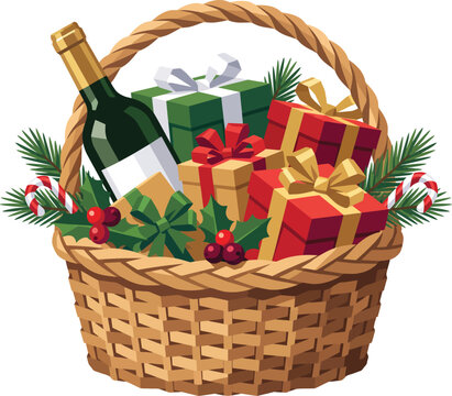 Champagne Bottle and Gift Box with Red Ribbon and Christmas Decorations, Festive Holiday Celebration for Christmas, New Year and Winter Season Isolated on White Background