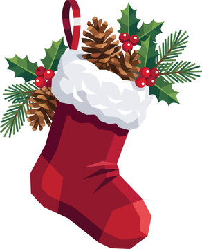 Christmas Stocking Filled with Gifts and Santa Claus Decorations, Traditional Red Holiday Sock with Present Box and Bow for Festive Winter Celebration Illustration