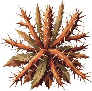 Spiky Thorny Plant with Sharp Spines and Dried Brown Foliage Flat Vector Illustration