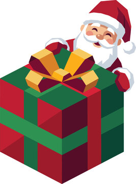 Santa Claus Peeking Behind Large Christmas Gift Box with Golden Bow Flat Vector Illustration