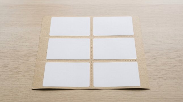 Unprinted rectangular adhesive labels on a kraft backing sheet resting on a wooden desk for logistics and packaging presentation