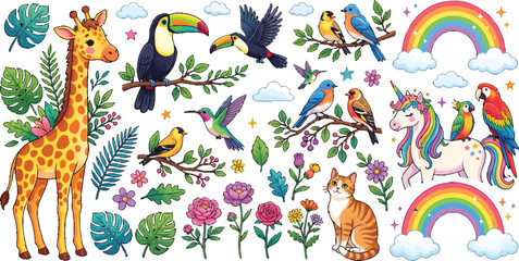 Fototapeta premium Cute Animal and Nature Sticker Set with Giraffe Unicorn Toucan and Floral Elements Vector Illustration