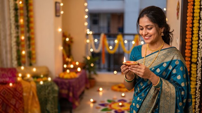 Young Indian woman smiling and using smartphone in festive home  