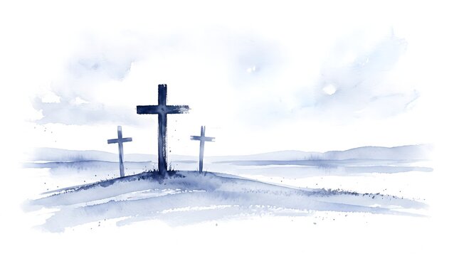 Three crosses silhouette on hilltop watercolor illustration for memorial or religious event