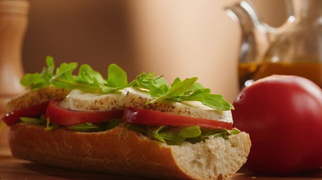 Sandwich with tomato and mozzarella, Italian style caprese baguette with fresh arugula, vegetarian bocadillo close up for cafe breakfast menu