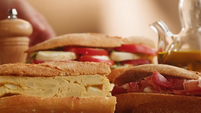 Sandwich assortment of Spanish bocadillos with jamon serrano, tortilla omelette and tomato mozzarella in crusty baguette, close up food for cafe breakfast menu