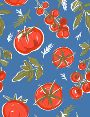 Fototapeta premium Seamless background pattern with hand drawn red tomatoes and green leaves