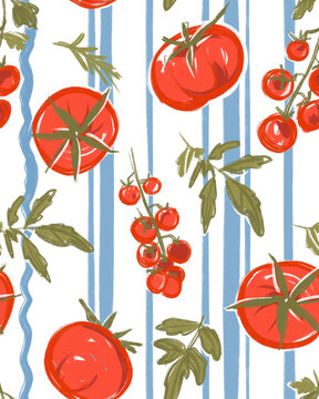 Seamless background pattern with hand drawn red tomatoes and green leaves