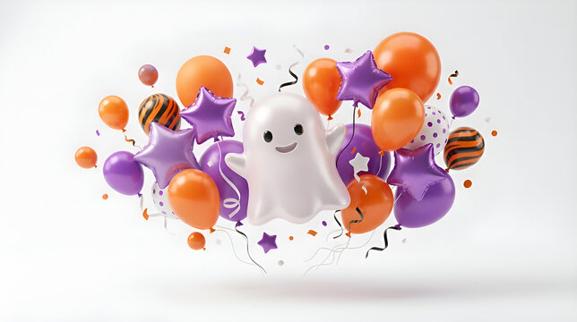 Ghost character surrounded by purple and orange balloons