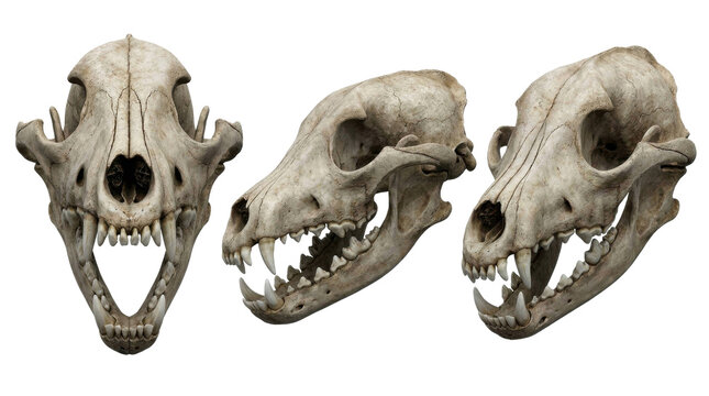 Wolf skull with open jaw and prominent canine teeth shown in front and two angled views isolated on transparent background.