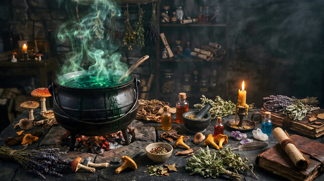 Magical black iron cauldron boiling vibrant green potion emitting thick smoke surrounded by glowing candles, ancient books, mystical herbs, mushrooms, and glass potion bottles on stone