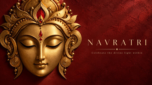 Golden face of goddess durga with closed eyes on red textured background for navratri