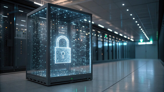 Glowing digital lock symbol inside transparent cube represents secure data protection in modern server room