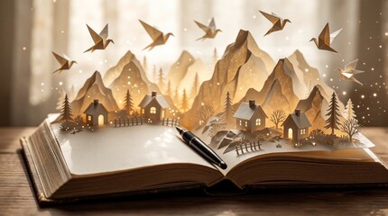 Obraz premium Open book with paper craft world inside. Tiny mountains, houses, origami birds rise from pages. Magic story comes to life with soft light, sparkles. Dreamy fantasy landscape for literature, poetry