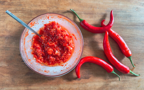 Homemade chili paste with fresh red peppers