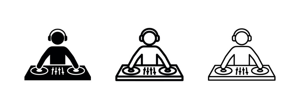 DJ mixing music icon set, disc jockey with headphones and turntables at a party or club. Set of three styles: filled, outline, and line art.