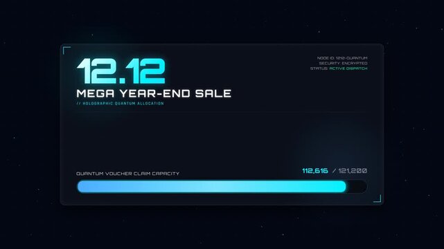 Futuristic 12.12 mega year-end sale progress loading bar animation and quota exhausted status notification hud interface elements on dark background