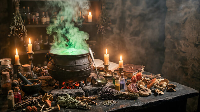 Boiling green potion inside a dark cast iron cauldron resting on burning hot embers surrounded by glowing candles, mystical ingredients, and ancient spellbooks.