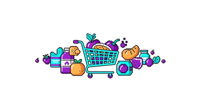 Pixel Art Shopping Cart with Grocery Items and Food Illustration