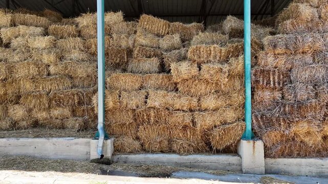 Aerial view of stacked hay bales stored inside a farm building in Mladenovac, City of Belgrade, Serbia.
