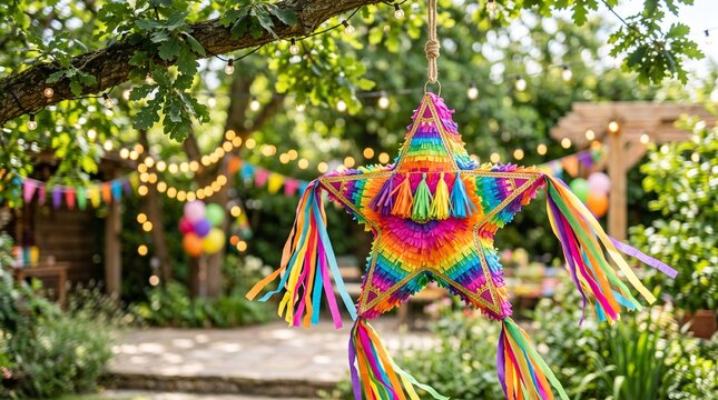 Colorful star pinata hanging from a tree branch in a festive garden setting