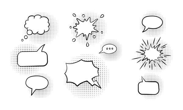 Assortment of comic style speech and thought bubbles with halftone dot accents for conveying messages and ideas.