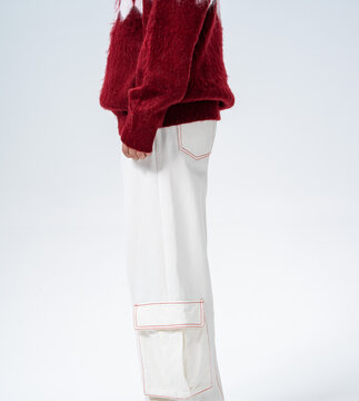 Men's White Stitch Detail Cargo Wide-leg Pants Multi-angle Detail Shots