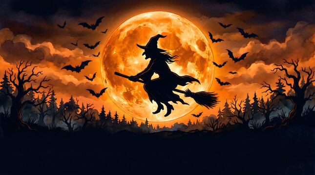 Witch flying across giant glowing orange moon on wooden broomstick accompanied by dark fluttering bats during creepy autumn night celebrating spooky holiday season