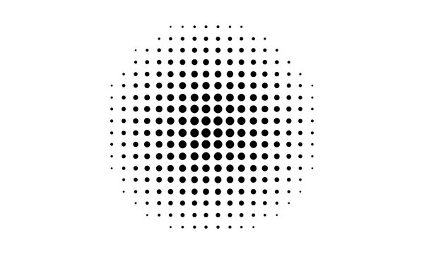 Halftone circle pattern with dense black dots in center fading outwards on white, creating radial gradient effect for graphic design.