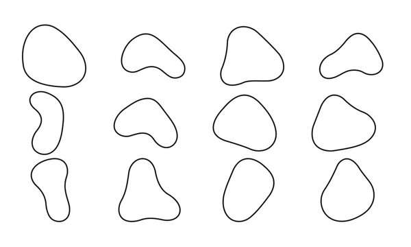 Set of twelve irregular organic fluid shapes in black outline on white background, perfect for modern abstract design and creative projects.
